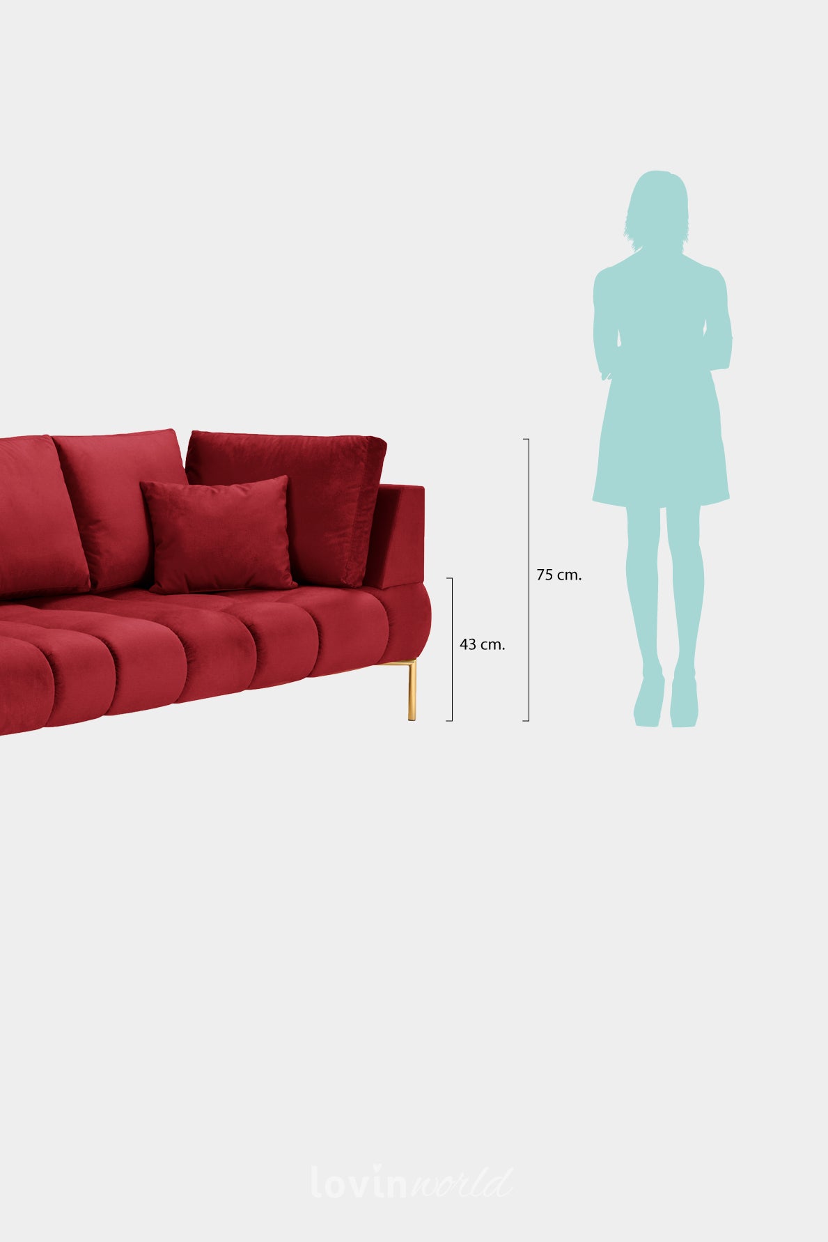 Chaise longue Malvin, in velluto rosso con gambe dorate-LovinWorld