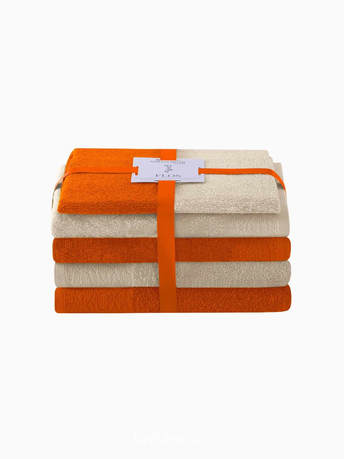 Set 6 Asciugamani da bagno Flos in 100% cotone, colore arancio e beige-1