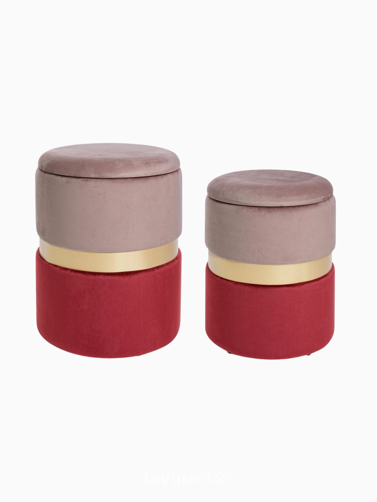 Set 2 Pouf Contenitori Polina, in colore rosa e rosso-1