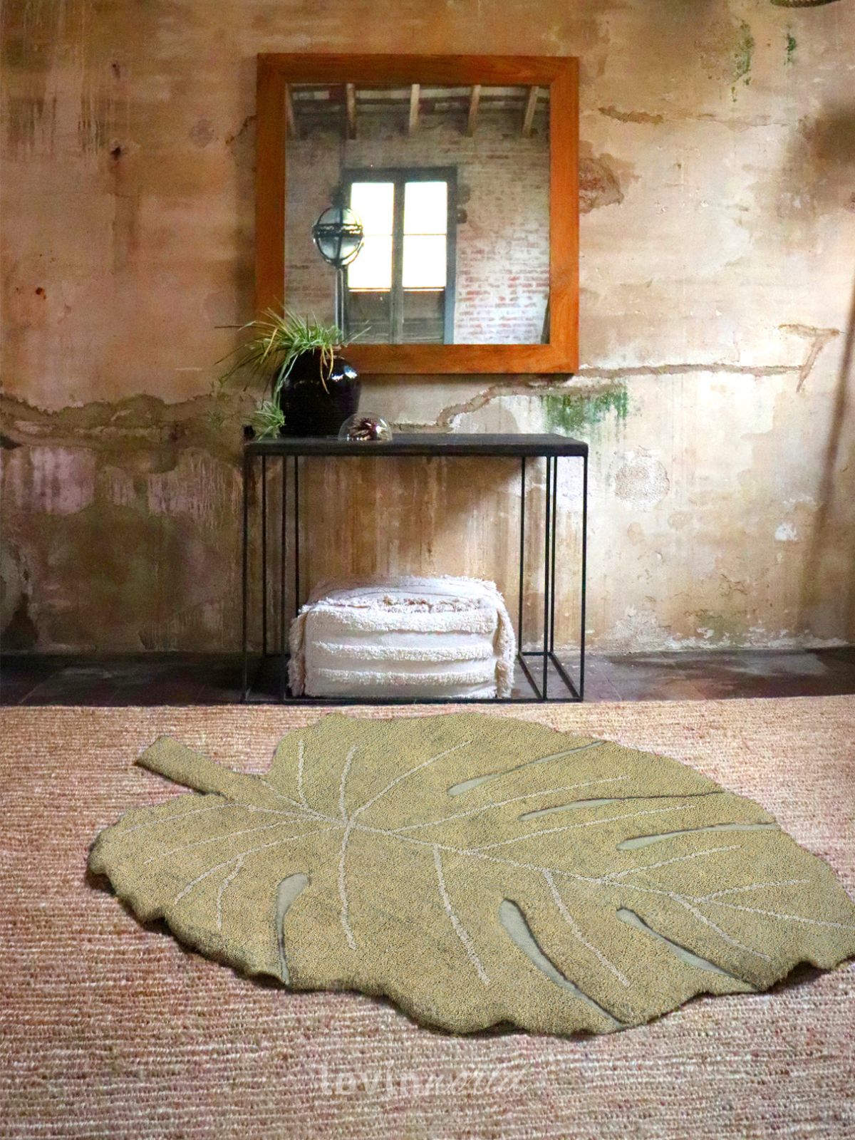 Tappeto in cotone lavabile Monstera Olive, 120x180 cm.-3