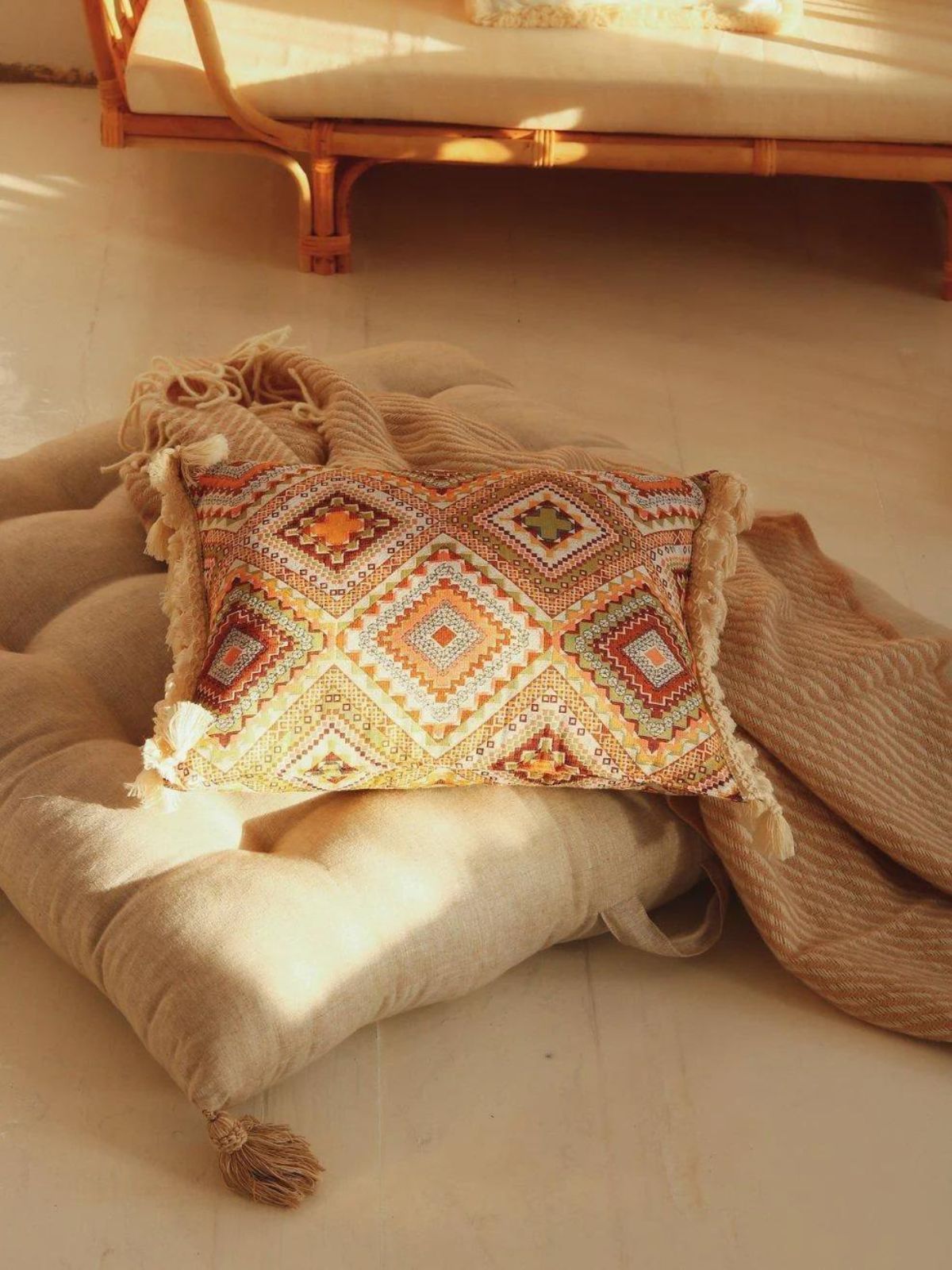 Cuscino in stile boho Bali - Copertura e riempimento inclusi - Doris Crema  - Cotone