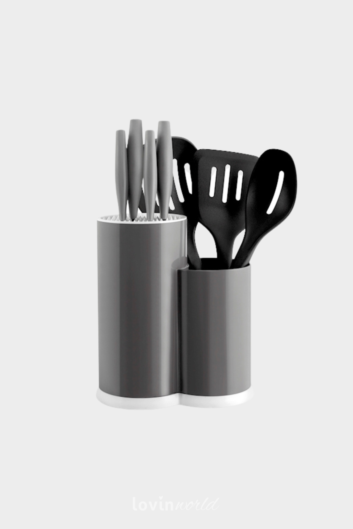Ceppo con 4 coltelli e 3 mestoli in colore grigio-1